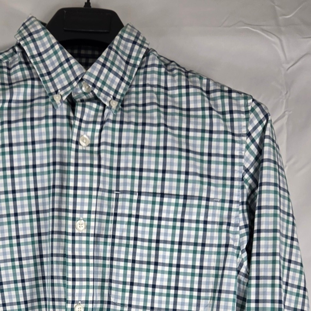Duluth Trading Co Mens Trim Fit Plaid Button Down Shirt Green Blue Cotton Size M